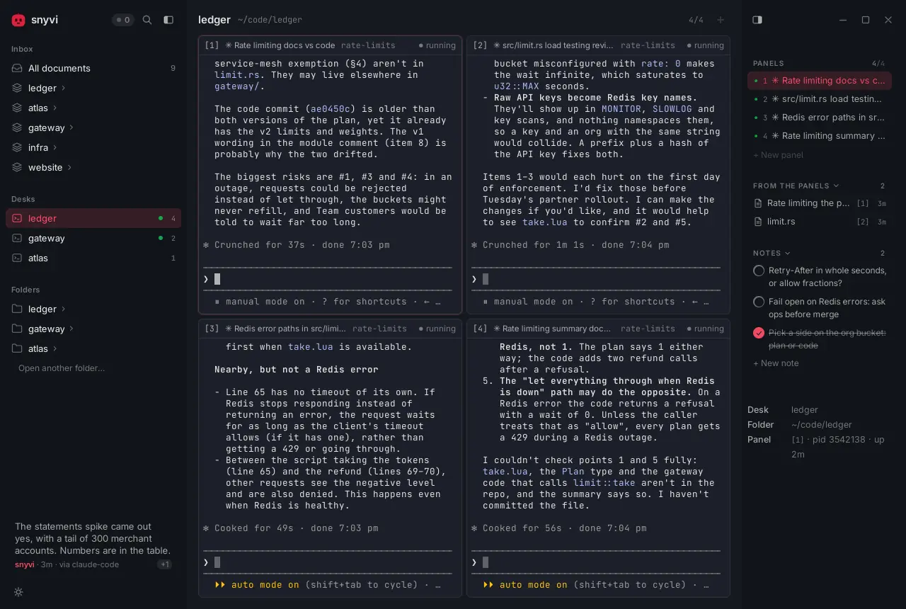 A desk in snyvi: four Claude Code sessions side by side on one project, with the other projects in the sidebar